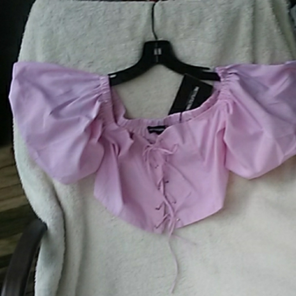 Pink Lace Up Oversized Sleeved Crop Bardot Shirt
